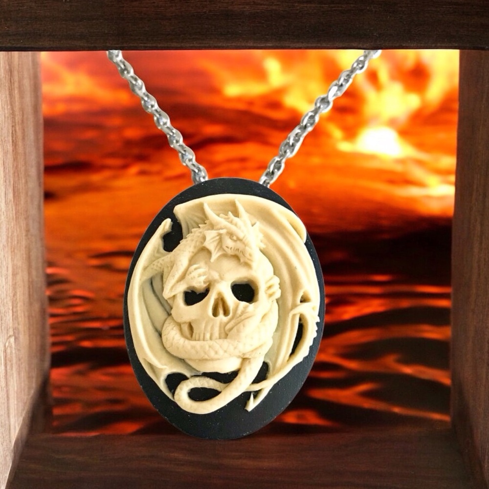 🆕 3D Dragon on a Skull Pendant Necklace Wood/Stainless Steel